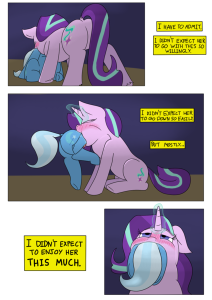 Size: 954x1350 | Tagged: questionable, artist:teabucket, deleted from derpibooru, derpibooru import, starlight glimmer, trixie, comic:a great and powerful desire, bedroom eyes, blushing, comic, date, dock, endosoma, female, fetish, hearts and hooves day, lesbian, shipping, startrix, swallowing, throat bulge, tongue out, underhoof, vore, vorelight glimmer, willing vore, wingding eyes