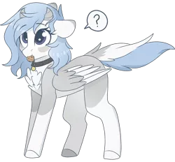 Size: 2048x1900 | Tagged: safe, artist:cinnamontee, derpibooru import, oc, oc:rin, unofficial characters only, pegasus, pony, chest fluff, collar, cookie, eating, female, floppy ears, food, horns, mare, mouth hold, pictogram, question mark, simple background, solo, transparent background