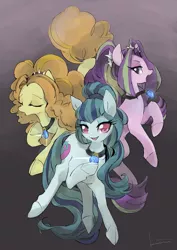 Size: 905x1280 | Tagged: safe, artist:kuzumori, derpibooru import, adagio dazzle, aria blaze, sonata dusk, ponified, earth pony, pony, siren, abstract background, cloven hooves, colored, commission, digital drawing, equestria girls ponified, eyes closed, female, floating, gem, gift art, gradient background, mare, shading, signed, simple background, singing, siren gem, sirens doing siren things, smiling, the dazzlings, trio