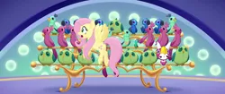 Size: 1920x804 | Tagged: safe, derpibooru import, screencap, angel bunny, fluttershy, bird, parrot, pegasus, pony, rabbit, my little pony: the movie, disguise, female, flying, male, mare, songbird, spread wings, surprised, unamused, wings