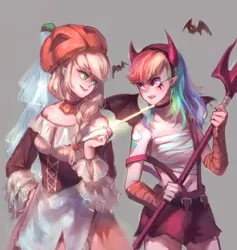 Size: 1535x1620 | Tagged: safe, artist:yikelizi905, derpibooru import, applejack, rainbow dash, human, appledash, devil costume, female, halloween, holiday, humanized, jack-o-lantern, lesbian, pumpkin, shipping