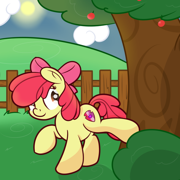 Size: 1024x1024 | Tagged: safe, artist:vaetan, derpibooru import, apple bloom, earth pony, pony, apple tree, applebucking, cloud, female, fence, filly, solo, sun, tree