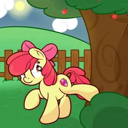 Size: 1024x1024 | Tagged: safe, artist:vaetan, derpibooru import, apple bloom, earth pony, pony, apple tree, applebucking, cloud, female, fence, filly, solo, sun, tree