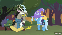Size: 640x360 | Tagged: useless source url, safe, derpibooru import, screencap, discord, trixie, draconequus, pony, unicorn, to where and back again, accessory theft, animated, backpack, bunny out of the hat, clothes, discord being discord, duality, eye contact, female, frown, gif, glare, grin, hat, horn grab, lidded eyes, looking at each other, magic trick, male, mare, open mouth, raised hoof, self ponidox, smiling, smirk, talking, trixie's hat, wide eyes