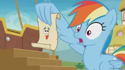 Size: 1600x900 | Tagged: safe, derpibooru import, edit, edited screencap, screencap, rainbow dash, pegasus, pony, grannies gone wild, spoiler:s08, crossover, dora the explorer, female, gasp, map, mare, rainbow dash reading a scroll, shocked, solo, wing hands, wing hold