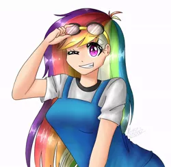 Size: 900x880 | Tagged: apron, artist:pinkpearlmlp, clothes, derpibooru import, goggles, human, humanized, one eye closed, rainbow dash, safe, simple background, solo, white background, wink