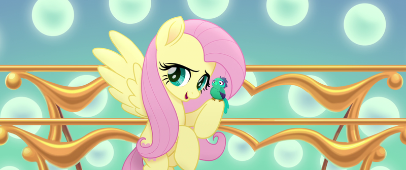 Size: 1920x804 | Tagged: safe, derpibooru import, screencap, fluttershy, bird, pegasus, pony, my little pony: the movie, female, flying, mare, solo, songbird