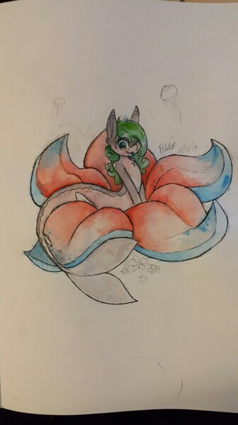 Size: 744x1328 | Tagged: artist:polakz, derpibooru import, flower, merpony, oc, oc:sushi, safe, solo, traditional art, watercolor painting