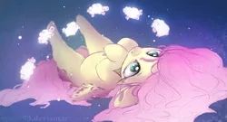 Size: 1600x866 | Tagged: safe, artist:sverre93, derpibooru import, fluttershy, pegasus, pony, sheep, counting sheep, cute, female, hooves to the chest, looking at something, looking up, lying down, mare, on back, shyabetes, solo
