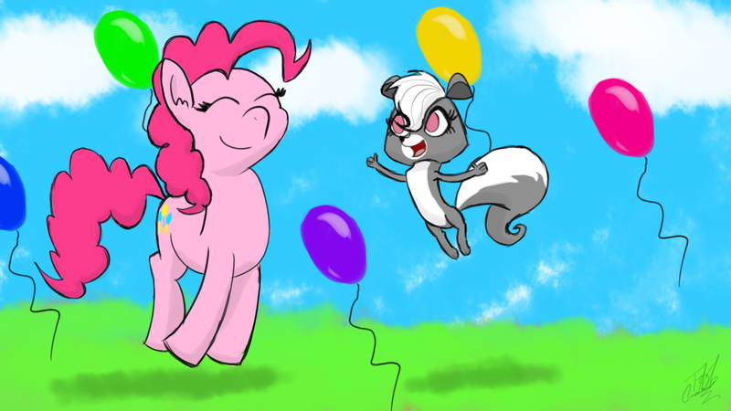 Size: 1280x720 | Tagged: animal, artist:tomazii7, balloon, crossover, derpibooru import, female, littlest pet shop, pepper clark, pinkie pie, safe, skunk, smiling