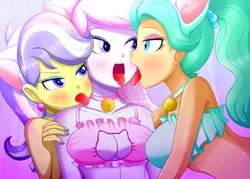 Size: 1560x1120 | Tagged: suggestive, artist:the-butch-x, derpibooru import, fleur-de-lis, garden grove, upper crust, equestria girls, adorasexy, bell, bell collar, blushing, boob window, bra, breasts, busty fleur-de-lis, busty garden grove, butch's shadow cat lingerie, cat ears, cat lingerie, cleavage, clothes, collar, crop top bra, cute, ear piercing, earring, female, females only, jewelry, lesbian, licking, lingerie, nail polish, naughty, neck licking, open mouth, piercing, ponytail, sexy, shadowcat lingerie, sinfully sexy, skunk stripe, stupid sexy fleur-de-lis, stupid sexy garden grove, stupid sexy upper crust, threesome, tongue out, trio, trio female, underwear