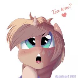 Size: 2286x2286 | Tagged: artist:donutnerd, blue eyes, blushing, brown, clothes, derpibooru import, excited, female, food, looking up, mare, markings, oc, oc:chai, offscreen character, perspective, pov, safe, shirt, solo, tea, tea time, time