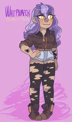 Size: 1137x1920 | Tagged: artist:peachhzilla, blushing, boots, clothes, derpibooru import, fallout, fallout equestria, female, human, humanized, humanized oc, oc, oc:whipwreck, purple background, safe, shoes, shorts, simple background, solo, tattoo, torn clothes, unofficial characters only