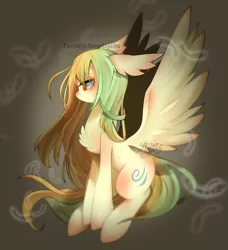 Size: 800x876 | Tagged: safe, artist:snow angel, derpibooru import, oc, unofficial characters only, pegasus, pony, chest fluff, female, green mane, long mane, mare, orange eyes, pale coat, solo