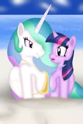 Size: 3495x5168 | Tagged: alicorn, anthro, artist:sergeant16bit, asymmetrical docking, beach, bedroom eyes, bikini, blue sky, blushing, boob squish, breasts, buried, busty princess celestia, busty twilight sparkle, clothes, cloud, derpibooru import, digital art, female, lesbian, ocean, princess celestia, sand, shipping, suggestive, swimsuit, symmetrical docking, twilestia, twilight sparkle, twilight sparkle (alicorn)