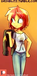 Size: 407x823 | Tagged: safe, artist:manic-the-lad, derpibooru import, sunset shimmer, human, equestria girls, a dash of everything, alternate hairstyle, clothes, female, jacket, jewelry, necklace, shirt, short hair, simple background, solo, t-shirt