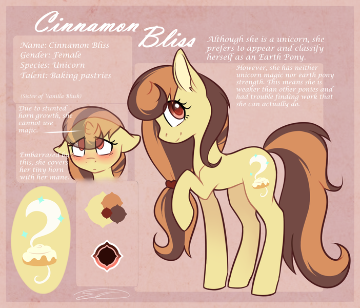 Size: 1214x1038 | Tagged: safe, artist:doekitty, derpibooru import, oc, oc:cinnamon bliss, unofficial characters only, pony, unicorn, blushing, brown mane, cutie mark, female, looking at you, mare, red eyes, reference sheet, small horn, smiling, solo, yellow coat