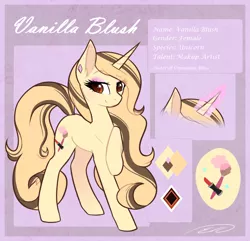 Size: 1062x1025 | Tagged: safe, artist:doekitty, derpibooru import, oc, oc:vanilla blush, unofficial characters only, pony, unicorn, brown eyes, brown mane, cutie mark, female, looking at you, makeup, mare, pale coat, reference sheet, smiling, solo, yellow coat, yellow mane