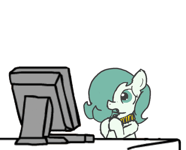 Size: 600x484 | Tagged: safe, artist:ficficponyfic, derpibooru import, edit, oc, oc:emerald jewel, earth pony, pony, colt quest, amulet, child, color, colt, computer, concerned, desk, femboy, foal, hair over one eye, male, solo