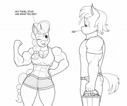 Size: 2014x1681 | Tagged: safe, artist:matchstickman, derpibooru import, big macintosh, sugar belle, anthro, earth pony, unicorn, abs, apple, biceps, breasts, bucket, busty sugar belle, clothes, deltoids, duo, female, flexing, food, male, mare, midriff, monochrome, muscles, one eye closed, shipping, shirt, shocked, short jeans, simple background, stallion, straight, straw in mouth, sugar barbell, sugarmac, white background, wink