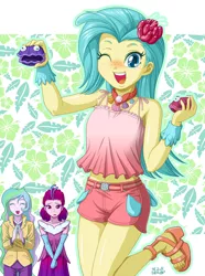 Size: 742x1000 | Tagged: safe, artist:uotapo, derpibooru import, princess celestia, princess skystar, queen novo, shelldon, shelly, equestria girls, my little pony: the movie, anime, armpits, belly button, breasts, clam, clothes, cute, delicious flat chest, equestria girls-ified, evening gloves, eyes closed, feet, female, freckles, gloves, long gloves, one eye closed, open mouth, pants, principal celestia, sandals, shirt, shoes, short, skyabetes, uotapo is trying to murder us, wink