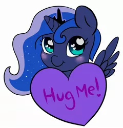 Size: 2350x2445 | Tagged: safe, artist:starfishkitty, derpibooru import, princess luna, blushing, chibi, female, filly, heart, heart eyes, holiday, hug request, simple background, solo, valentine's day, white background, wingding eyes, woona, younger