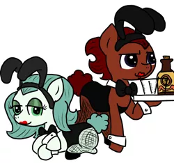 Size: 640x600 | Tagged: suggestive, artist:ficficponyfic, artist:methidman, derpibooru import, edit, editor:methidman, oc, oc:emerald jewel, oc:ruby rouge, unofficial characters only, pony, colt quest, bottle, bowtie, bunny ears, bunny suit, bunny tail, clothes, color, colored, cork, crossdressing, cufflinks, cuffs (clothes), eyeshadow, female, femboy, fishnets, girly, hooker, implied foalcon, lipstick, makeup, male, prostitute, prostitution, serving tray, smiling, trap, waiter, waitress
