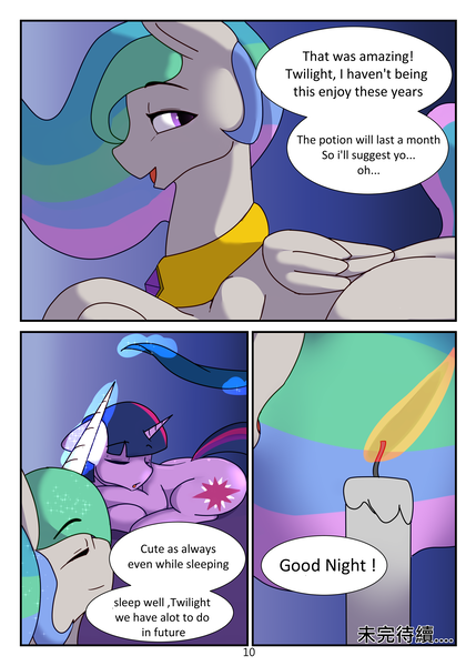 Size: 2591x3624 | Tagged: artist:grey-horse, candle, comic, comic:above friend below lover, derpibooru import, engrish, female, grammar error, lesbian, magic, praise the sun, princess celestia, safe, shipping, simple background, sleeping, sunbutt, telekinesis, twilestia, twilight sparkle