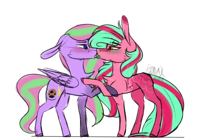 Size: 1236x861 | Tagged: safe, artist:sweetmelon556, derpibooru import, oc, oc:melon seed, oc:sweet melon, unofficial characters only, earth pony, pegasus, pony, female, kissing, mare, simple background, transparent background