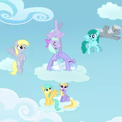 Size: 8500x8500 | Tagged: safe, artist:mundschenk85, derpibooru import, cloud kicker, cloudchaser, derpy hooves, flitter, silverspeed, spring melody, sprinkle medley, sunshower raindrops, pegasus, pony, absurd resolution, backbend, cloud, eyes closed, female, flexible, flying, mare, sky, smiling, spread wings, wings