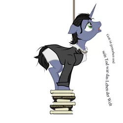 Size: 1200x1200 | Tagged: semi-grimdark, artist:aaronmk, derpibooru import, ponified, pony, unicorn, book, clothes, german, hanging, hanging (by neck), imminent death, imminent suicide, male, messy mane, noose, philipp mainländer, philosophy, rope, sad, simple background, solo, stallion, suicide, this will end in failure, translated in the description, white background