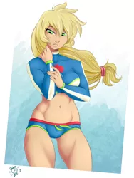 Size: 1800x2400 | Tagged: suggestive, artist:ponut_joe, derpibooru import, applejack, human, equestria girls, equestria girls series, forgotten friendship, belly button, bikini, blue swimsuit, breasts, clothes, cutie mark swimsuit, female, fit, human coloration, humanized, midriff, muscles, sexy, shorts, solo, solo female, swimsuit, tricolor swimsuit