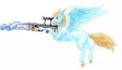 Size: 1280x744 | Tagged: safe, derpibooru import, oc, pegasus, pony, fallout equestria, fallout equestria: vivat littlepip, fanfic, blue fur, fanfic art, gun, horn, mutant, real, weapon