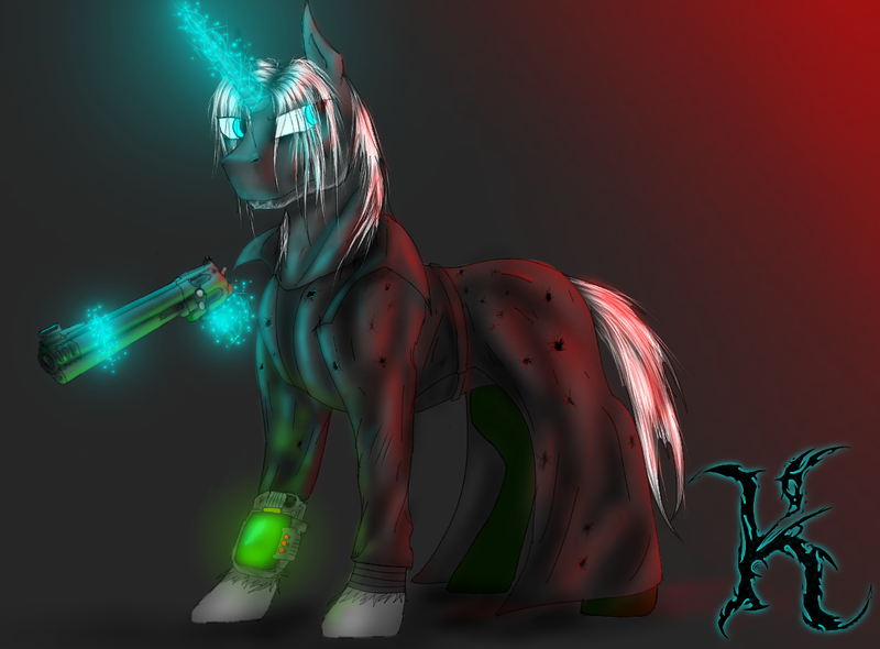 Size: 1147x846 | Tagged: safe, derpibooru import, oc, oc:keter cyan, unicorn, fallout equestria, fallout equestria: vivat littlepip, fanfic, cloak, cloth, clothes, fanfic art, gun, levitation, magic, pipbuck, telekinesis, weapon