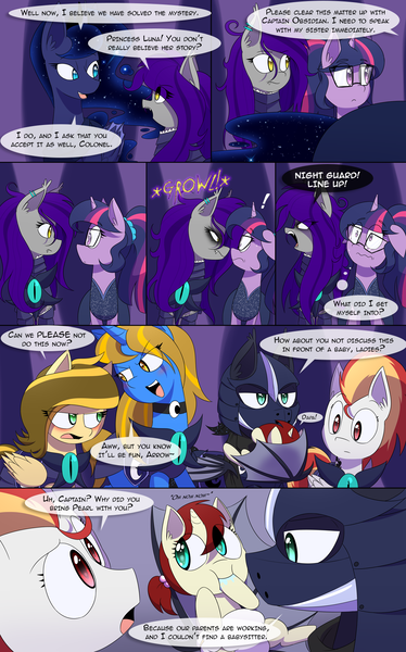 Size: 1080x1732 | Tagged: safe, artist:jase1505, deleted from derpibooru, derpibooru import, princess luna, sci-twi, twilight sparkle, oc, oc:archer arrow, oc:doom star, oc:kiln fire, oc:night owl, oc:obsidian, alicorn, bat pony, pegasus, pony, unicorn, comic:night at the gala, series:sunlight horizons, angry, armor, baby, baby pony, bat pony oc, blushing, clothes, comic, dress, ethereal mane, flirting, gala dress, galaxy mane, grand galloping gala, intimidating, lunabat, night guard, race swap, scared, slit eyes, unicorn sci-twi