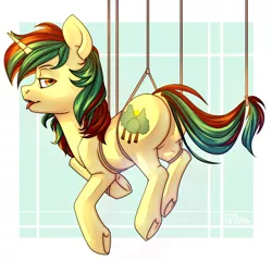 Size: 2500x2400 | Tagged: suggestive, artist:pellsya, derpibooru import, oc, oc:northern spring, unofficial characters only, unicorn, abstract background, bondage, female, looking at you, looking back, looking back at you, open mouth, ropes, solo, solo female, suspended, tied up, tongue out