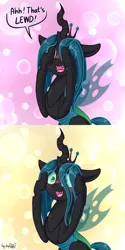 Size: 1472x2944 | Tagged: :3, abstract background, artist:dsp2003, blushing, blushing profusely, changeling, changeling queen, comic, covering eyes, cute, cutealis, derpibooru import, eye clipping through hair, eyes on the prize, fangs, female, floppy ears, hair over one eye, lewd, mare, open mouth, peeking, queen chrysalis, safe, sitting, smiling, solo, speech bubble, wide eyes