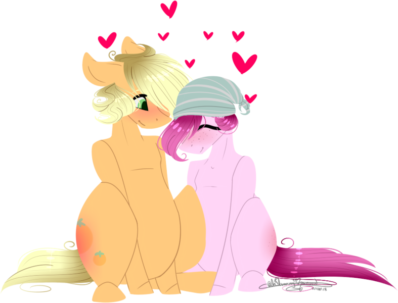 Size: 933x711 | Tagged: safe, artist:ohflaming-rainbow, derpibooru import, oc, oc:orange, oc:strawberry, unofficial characters only, pony, beanie, gay, hat, heart, male, oc x oc, shipping, simple background, sitting, stallion, transparent background