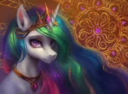 Size: 1232x902 | Tagged: safe, artist:orchidpony, derpibooru import, princess celestia, alicorn, pony, beautiful, bust, crown, female, horn, jewelry, looking at you, mare, necklace, praise the sun, purple eyes, regalia, royalty, solo, tiara, white fur