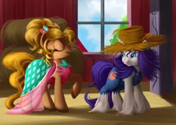 Size: 4092x2893 | Tagged: safe, artist:ailatf, derpibooru import, applejack, rarity, earth pony, pony, unicorn, simple ways, absurd resolution, applejewel, barn, clothes, dress, duo, eyes closed, female, hat, looking back, mare, overalls, rarihick, scene interpretation, smiling, straw hat, unshorn fetlocks