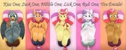 Size: 3034x1200 | Tagged: suggestive, alternate version, artist:caroo, derpibooru import, edit, apple bloom, babs seed, gabby, scootaloo, sweetie belle, anthro, gryphon, plantigrade anthro, adorasexy, barefoot, blushing, breasts, cute, cutie mark crusaders, feet, fetish, foot fetish, foot focus, foot tease, fuck marry kill, meme, older, older apple bloom, older babs seed, older gabby, older scootaloo, older sweetie belle, sexy, shitposting, soles, teasing, toe ring, variations on a theme, you decide