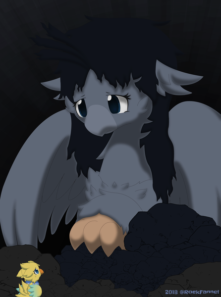 Size: 2600x3500 | Tagged: artist:rockfannel, bird, black background, classical hippogriff, derpibooru import, hippogriff, macro, oc, sad, safe, simple background, size difference, solo, unofficial characters only