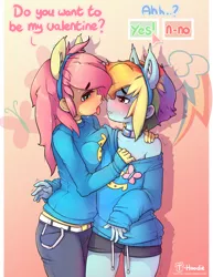 Size: 2550x3300 | Tagged: suggestive, artist:apony, derpibooru import, fluttershy, rainbow dash, equestria girls, blushing, breasts, broach, busty fluttershy, clothes, clothes swap, collar, cute, cutie mark background, dashabetes, delicious flat chest, fake ears, female, flutterdash, gradient background, hand, lesbian, off shoulder, off shoulder sweater, pants, pony ears, rainbow flat, shipping, shorts, shyabetes, sweater, sweatershy, tongue out, wondercolts, wondercolts uniform