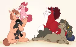 Size: 1280x795 | Tagged: safe, artist:vindhov, derpibooru import, oc, oc:charcoal, oc:parfait, oc:perfectly peachy pie, oc:red velvet, oc:sulphur pie, earth pony, pony, unicorn, family, female, filly, foal, mare, offspring, parent:pinkie pie, parent:troubleshoes clyde, parents:trouble pie, pregnant, sisters, socks (coat marking)