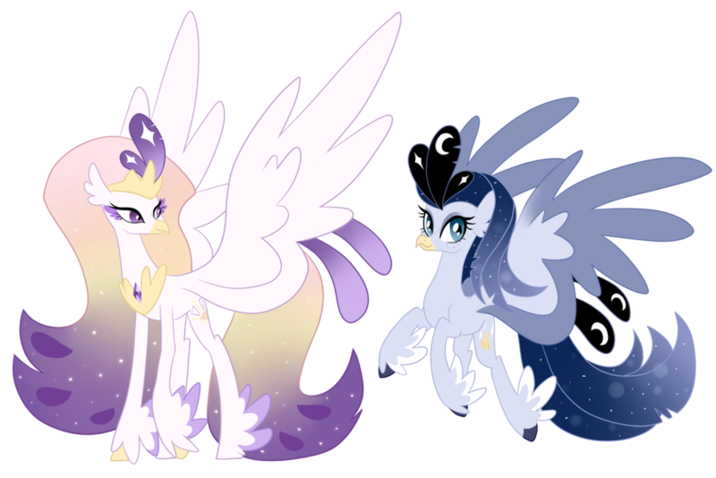 Size: 1024x683 | Tagged: artist:theroyalartofna, classical hippogriff, cousins, derpibooru import, duo, feathered fetlocks, female, hippogriff, hybrid, interspecies offspring, magical lesbian spawn, my little pony: the movie, oc, offspring, parent:princess celestia, parent:princess luna, parent:princess skystar, parent:queen novo, parents:lustar, parents:novolestia, safe, simple background, transparent background, unofficial characters only