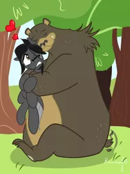 Size: 1200x1600 | Tagged: safe, artist:humble-ravenwolf, derpibooru import, harry, oc, oc:ravenhoof, bear, pegasus, pony, bear hug, cute, forest, heart, hug, legitimate bear hugs, story included