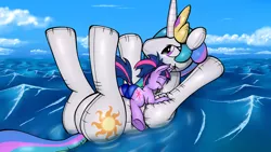 Size: 2276x1280 | Tagged: suggestive, artist:onewithspitfire, derpibooru import, princess celestia, twilight sparkle, pony, unicorn, alternate hairstyle, blowing, cargo ship, clothes, cute, dock, female, floating, imminent popping, inflatable, inflatable toy, inflating, lesbian, mare, ocean, ponytail, pool toy, shipping, solo, solo female, swimming, swimsuit, this will end in tears, twiabetes, twibutt, twilestia, underhoof, unicorn twilight, water