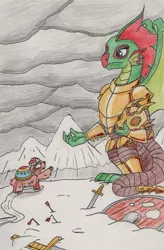 Size: 743x1134 | Tagged: armor, arrow, artist:kuroneko, battlefield, colored pencil drawing, derpibooru import, dragon, dragon armor, dragoness, dragon lord scintilla, duo, female, helmet, male, prince ulysses, safe, shield, snow, sword, traditional art, weapon, yak