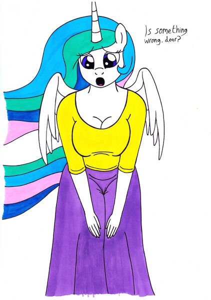 Size: 2446x3476 | Tagged: alicorn, anthro, artist:killerteddybear94, breasts, busty princess celestia, clothes, concerned, derpibooru import, dialogue, female, hands on knees, long skirt, looking at you, mare, momlestia, princess celestia, safe, shirt, skirt, talking to viewer, traditional art, t-shirt