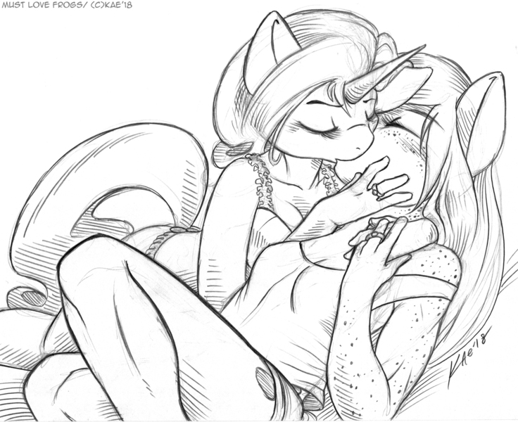 Size: 1200x978 | Tagged: safe, artist:kaemantis, deleted from derpibooru, derpibooru import, applejack, rarity, anthro, earth pony, unicorn, breasts, cleavage, clothes, eyes closed, female, kissing, lesbian, mare, monochrome, rarijack, shipping, simple background, sketch, white background